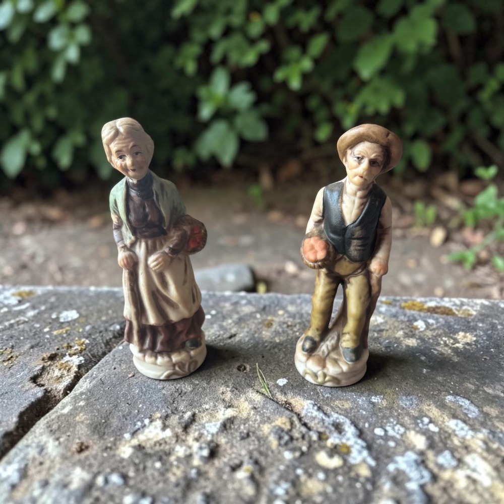 Vintage Flambri Porcelain Elderly Peasant Couple Set Matte Hand Painted 7.5"